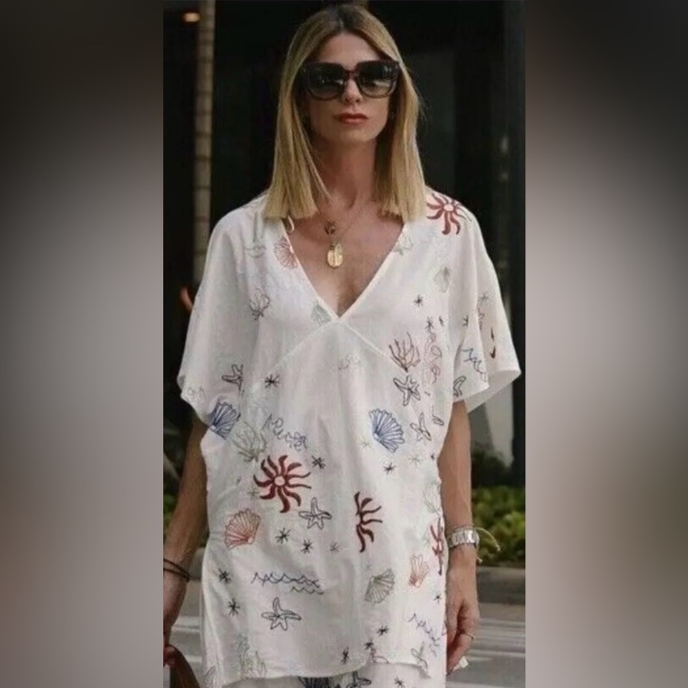 Zara White Embroidered Seashell Tunic